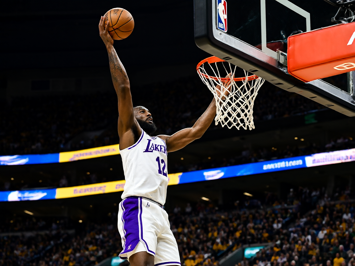NBA篮球比赛现场，球员在空中扣篮的精彩瞬间